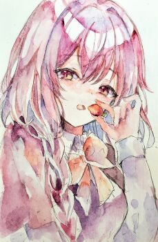 Rule 34 | 1girl, absurdres, bow, bowtie, breasts, capelet, collared shirt, commentary, food, fruit, highres, holding, holding food, holding fruit, kamu kotan, long hair, long sleeves, looking at viewer, medium breasts, okazaki yumemi, open mouth, red capelet, red eyes, red hair, shirt, solo, strawberry, touhou, touhou (pc-98), traditional media, upper body, white shirt, yellow bow, yellow bowtie