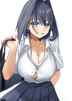 1girl absurdres bag black_hair black_skirt blue_eyes blue_hair bow bow_earrings breasts button_gap cleavage collared_shirt colored_inner_hair earrings hair_intakes hashtag-only_commentary highres holding holding_bag hololive hololive_english jewelry large_breasts looking_at_viewer medium_hair mizuhasi multicolored_hair ouro_kronii pleated_skirt school_bag school_uniform shirt simple_background skirt solo virtual_youtuber white_background white_shirt