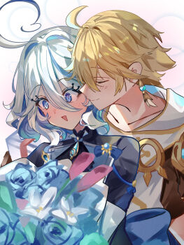 1boy 1girl @_@ aether_(genshin_impact) ahoge bimmy black_jacket blonde_hair blue_eyes blue_flower blue_hair blue_rose closed_eyes closed_mouth earrings flower furina_(genshin_impact) genshin_impact hair_between_eyes heterochromia highres jacket jewelry long_sleeves medium_hair multicolored_hair open_mouth rose scarf smile streaked_hair white_hair white_scarf