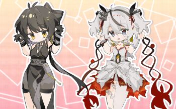 Rule 34 | 2girls, bare shoulders, black bow, black dress, black flower, black gloves, blake bloom (wuthering waves), bow, breasts, camellya (wuthering waves), caramelldansen, commentary, dress, earrings, female rover (wuthering waves), flower, gen 1 pokemon, gloves, gold earrings, gradient background, hair bow, hair flower, hair ornament, hair vines, hairclip, hands up, highres, jewelry, jiekuijiangshadaonijiamenkou, long hair, low ponytail, medium breasts, multiple girls, open mouth, pantyhose, parallel hairclips, pelvic curtain, pink background, ponyta, ponytail, rover (wuthering waves), short twintails, single leg pantyhose, sleeveless, sleeveless dress, smile, twintails, white dress, white pantyhose, wuthering waves, yellow background, yellow eyes