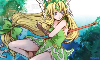 1girl blonde_hair blue_eyes bow commentary_request dated forehead_jewel green_bow hair_bow holding holding_staff long_hair low-tied_long_hair midair mizss riesz seiken_densetsu seiken_densetsu_3 signature solo staff very_long_hair watermark