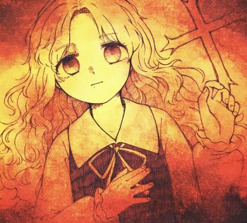 1girl closed_mouth collared_shirt commentary_request cross dolls_in_pseudo_paradise empty_eyes expressionless eyelashes fingernails highres itsuki_(_dw) jacket_girl_(dipp) long_hair long_sleeves looking_at_viewer lying neck_ribbon no_headwear orange_theme parted_bangs protected_link ribbon shirt solo touhou upper_body vest wavy_hair