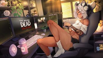 1girl abs alfyria animal_ear_fluff binaural_microphone black_shorts blush breasts cellphone chair character_doll chinchilla_ears computer computer_keyboard controller crop_top cup curtains dark-skinned_female dark_skin doll dragon_horns from_side game_controller gamer_supps gen_2_pokemon glasses grey_hair headphones highres holding holding_controller holding_game_controller horns indie_virtual_youtuber jewelry lips microphone monitor muscular muscular_female navel necklace neumann_ku_100 nintendo phone pichu plant pokemon potted_plant round_eyewear sansin_jin scar scar_on_leg shelf shirt short_hair shorts single_bare_shoulder sitting smartphone socks solo swivel_chair the_walking_dead the_walking_dead_(game) virtual_youtuber white_shirt white_socks window_blinds yellow_eyes
