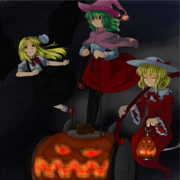 3girls alternate_costume black_pantyhose black_wings blonde_hair brown_shoes capelet closed_eyes dress elly_(touhou) flying ghost ghost_tail green_eyes green_hair halloween halloween_costume hat holding holding_scythe jack-o&#039;-lantern kamakura_kakuni kazami_yuuka kazami_yuuka_(pc-98) kurumi_(touhou) lantern long_hair long_sleeves multiple_girls pantyhose pink_capelet pink_hat pumpkin red_dress red_eyes red_shirt red_shoes red_skirt ribbon scythe shirt shoes skirt smile touhou touhou_(pc-98) wings witch witch_hat yellow_eyes
