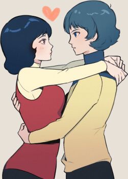 1boy 1girl black_hair blue_eyes blue_hair blush breasts commentary_request couple fa_yuiry gundam heart hetero hug kamille_bidan kasumi_(skchkko) long_sleeves open_mouth pants shirt short_hair simple_background sleeveless upper_body zeta_gundam