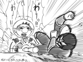 2boys aozora_jumping_heart black_footwear blush bodysuit bracer buttons captain_falcon clenched_hands closed_eyes commentary_request emphasis_lines f-zero frown full_body furrowed_brow gloves greyscale height_difference helmet high_collar kicking knee_pads male_focus monochrome motion_blur motion_lines multiple_boys naru_(wish_field) nintendo olimar open_mouth pikmin_(series) radio_antenna screaming short_hair space_helmet spacesuit speech_bubble speed_lines super_smash_bros. tearing_up teeth translation_request very_short_hair whistle white_background