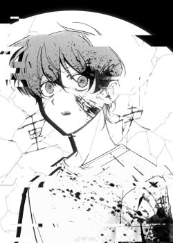 Rule 34 | blood, blood in hair, blood on clothes, blood on face, blood splatter, broken glass, distortion, glass, glitch, greyscale, hair between eyes, hashtag-only commentary, highres, kim dokja, monochrome, oldest dream, omniscient reader's viewpoint, open mouth, shirt, short hair, t-shirt, twle, upper body, wide-eyed