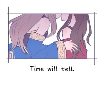 2girls atelier_(series) atelier_totori bare_shoulders blue_dress blush brown_hair commentary detached_sleeves dress english_text hashtag-only_commentary kiss long_hair miclo0065947470 mimi_houllier_von_schwarzlang multiple_girls off-shoulder_dress off_shoulder red_dress totooria_helmold yuri