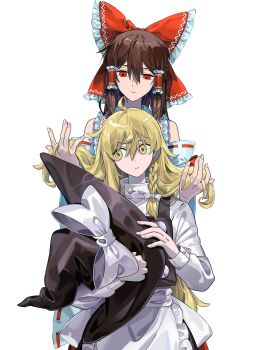 2girls absurdres ahoge apron black_hat black_vest blonde_hair bow brown_hair closed_mouth detached_sleeves frilled_bow frilled_hair_tubes frills hair_between_eyes hair_bow hair_tubes hakurei_reimu hat hat_bow height_difference highres holding holding_another's_hair holding_unworn_clothes holding_unworn_hat kirisame_marisa long_hair long_sleeves maka_(maka04021) multiple_girls red_bow red_eyes red_ribbon ribbon ribbon-trimmed_sleeves ribbon_trim shirt simple_background touhou unworn_hat unworn_headwear vest waist_apron white_apron white_background white_bow white_shirt white_sleeves witch_hat yellow_eyes
