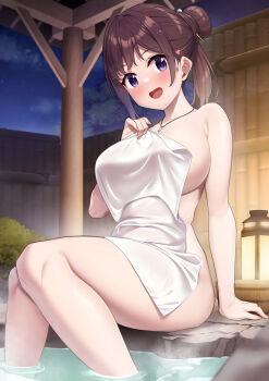 1girl :d arm_support breasts brown_hair bush commentary_request covering_privates fence hair_bun highres jewelry lantern large_breasts looking_at_viewer naked_towel necklace night nude nude_cover onsen open_mouth original outdoors ponytail purple_eyes rock sidelocks sitting smile solo steam takano_tomohiro thighs towel wooden_fence
