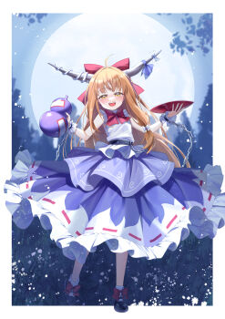 1girl absurdres black_shoes blonde_hair blush bow bowtie brown_horns chain commentary cup drinking_glass frilled_skirt frills full_body gourd hair_bow highres holding holding_cup holding_gourd horn_ornament horn_ribbon horns ibuki_suika looking_at_viewer night oni open_mouth orange_hair outdoors poppy_(poppykakaka) purple_skirt red_bow red_bowtie ribbon ribbon-trimmed_skirt ribbon_trim shirt shoes skirt smile socks solo teeth touhou upper_teeth_only white_shirt white_socks yellow_eyes