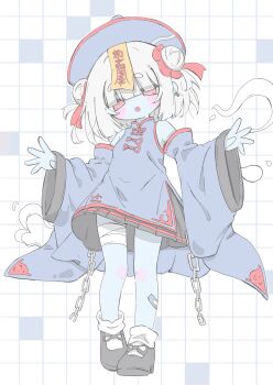 Rule 34 | 1girl, :o, bandaged leg, bandages, bandaid, bandaid on leg, bare shoulders, black shoes, black skirt, blue dress, blue hat, blue skin, blue sleeves, blush stickers, chain, chinese clothes, colored skin, commentary request, detached sleeves, double bun, dress, full body, grid background, hair bun, hair ribbon, hat, highres, izumi (yura izumi), jiangshi, mandarin collar, medium hair, multiple hair ribbons, no pupils, ofuda, ofuda on head, open mouth, original, qingdai guanmao, red eyes, red ribbon, ribbon, shoes, skirt, sleeveless, sleeveless dress, socks, solo, white hair, white socks, wide sleeves