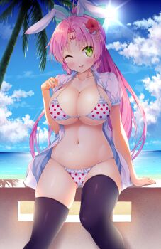 1girl ;p animal_ears antenna_hair arm_support beach bikini black_thighhighs blush breasts cleavage cloud collarbone day dress_shirt facial_mark female_focus flower forehead_mark frilled_bikini frills green_eyes hair_flower hair_intakes hair_ornament hibiscus horizon kazuma_(kazumav) large_breasts long_hair looking_at_viewer navel ocean on_wall one_eye_closed open_clothes open_shirt original outdoors palm_tree pink_hair polka_dot polka_dot_bikini rabbit_ears shirt short_sleeves sitting skindentation sky solo stomach string_bikini sun sunlight sweat swimsuit thighhighs tongue tongue_out tree very_long_hair water white_bikini white_shirt