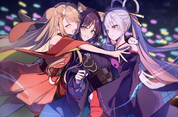 Rule 34 | 3girls, absurdres, animal ears, belt, blue hair, blunt bangs, blurry, blurry background, brown hair, chinese hairpin, cho kaguya-hime!, closed eyes, collarbone, colored inner hair, commentary, crescent, crescent hair ornament, forehead jewel, fox ears, fushi (cho kaguya-hime!), girl sandwich, green eyes, grey hair, gu luco, hair ornament, hair rings, highres, hug, japanese clothes, kaguya (cho kaguya-hime!), kimono, long hair, lop rabbit ears, multicolored eyes, multicolored hair, multiple girls, orange kimono, parted bangs, purple hair, purple kimono, rabbit ears, red nails, runami yachiyo, sakayori iroha, sandwiched, sash, short hair, smile, swept bangs