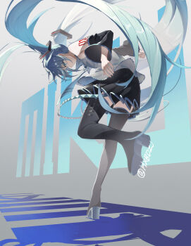 1girl absurdres black_boots black_skirt boots commentary green_eyes green_hair green_necktie grey_shirt hair_between_eyes hatsune_miku highres hxbdzj necktie original shirt skirt sleeveless sleeveless_shirt solo thigh_boots thighs twintails