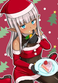 1girl absurdres bandeau bare_shoulders black_bodystocking black_gloves black_pantyhose blue_eyes blunt_bangs blush boots breasts cake cake_slice christmas_tree_print cream cream_on_face dark-skinned_female dark_elf dark_skin detached_sleeves eating elf food food_on_face fork from_above fur-trimmed_headwear fur-trimmed_sleeves fur_trim gloves grey_hair hat highres holding holding_fork holding_plate karla_(kono_healer_mendokusai) kono_healer_mendokusai licking_own_finger looking_at_viewer official_art pantyhose parted_lips plate pointy_ears red_background red_bandeau red_boots red_hat red_skirt red_sleeves santa_costume santa_hat sitting skirt small_breasts solo strawberry_shortcake tannen_ni_hakkou tongue tongue_out wariza