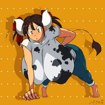 1girl animated animated_gif barefoot bouncing_breasts breasts brown_eyes brown_hair covered_erect_nipples cow_girl cow_tail exercising female_focus full_body gigantic_breasts hair_ribbon hanging_breasts hataraki_ari horns original puffy_nipples push-ups ribbon solo sukimi sweat tail