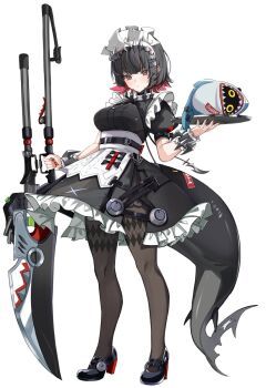 1girl 1other bangboo_(zenless_zone_zero) black_pantyhose black_shoes closed_mouth colored_inner_hair ellen_joe fins fish_tail frilled_wristband hairband highres holding holding_weapon looking_at_viewer maid maid_headdress metal_hairband mole mole_on_arm mole_under_eye multicolored_hair nemun_(tamizzz) pantyhose plate razor_blade_hair_ornament red_eyes red_nails scar scar_on_tail shark_girl shark_tail sharkboo_(zenless_zone_zero) shoes spiked_headband tail weapon white_background zenless_zone_zero