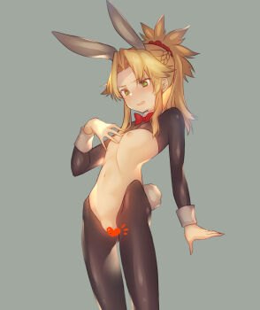 1girl animal_ears black_hiphighs black_shrug blonde_hair blush bow bowtie braid censored commentary_request cowboy_shot curtained_hair detached_collar fake_animal_ears fake_tail fate/grand_order fate_(series) flat_chest green_eyes grey_background hair_ornament hair_scrunchie hand_up heart heart_censor highres hiphighs long_hair long_sidelocks looking_down mordred_(fate) navel nipples open_mouth parted_bangs petite playboy_bunny ponytail rabbit_ears rabbit_tail red_bow red_bowtie red_scrunchie reverse_bunnysuit reverse_outfit scrunchie short_ponytail shrug_(clothing) sidelocks simple_background solo standing stomach tail yononaka