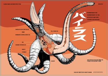 alien anatomy arrow_films arrow_video beak biology brain cecum chart cross-section daiei_motion_picture derivative_work diagram english_text extra_hearts gamera_(series) gamera_vs._viras giant giant_monster gills heart japanese_text jolyon_yates kaiju mixed-language_text monster multiple_hearts octopus official_art orange_background organs science science_fiction sea_monster simple_background space_monster squid stomach tentacles viras x-ray