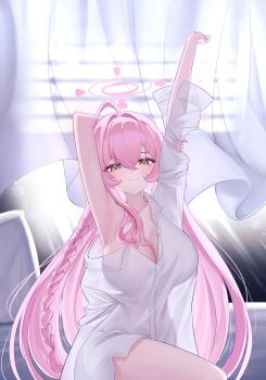 1girl absurdres ahoge armpits blue_archive blush breasts cleavage commentary_request curtains dress_shirt halo hanako_(blue_archive) highres indoors large_breasts long_braid long_hair looking_at_viewer pink_hair see-through_silhouette shirt shuri_ri1220 smile solo straight_hair stretching thighs very_long_hair white_shirt