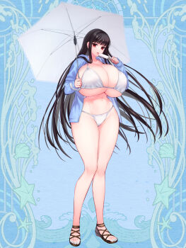 1girl bad_proportions bikini black_hair blue_background blue_jacket blue_nails breasts dairoku_ryouhei food full_body gome_(tw6) highres holding holding_food holding_popsicle holding_umbrella huge_breasts jacket licking lucrezia_astrude melting_popsicle navel open_clothes open_jacket popsicle red_eyes sandals solo standing swimsuit tongue tongue_out umbrella white_bikini