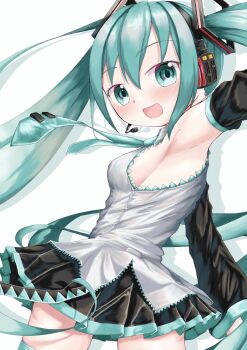 1girl absurdres aqua_eyes aqua_hair aqua_necktie black_sleeves breasts detached_sleeves grey_shirt hatsune_miku headphones headset highres long_hair medium_breasts mk_y4i necktie pleated_skirt shirt sideboob skirt twintails vocaloid