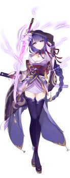 Rule 34 | 1girl, absurdres, arm up, black bridal gauntlets, blunt bangs, breasts, bridal gauntlets, brown sandals, cleavage, closed mouth, commentary request, electricity, full body, genshin impact, highres, holding, holding sheath, holding sword, holding weapon, japanese clothes, katana, kimono, kolimiya, large breasts, long hair, looking at viewer, mole, mole under eye, purple eyes, purple hair, purple kimono, purple thighhighs, raiden shogun, red ribbon, red sash, ribbon, sandals, sash, scabbard, sheath, short kimono, simple background, solo, sword, thighhighs, transparent background, weapon