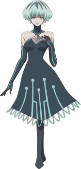 1girl amber_idonokan anime_coloring bare_shoulders blue_eyes blue_hair boots breasts closed_mouth dress full_body hand_on_own_chest highres kekkon_yubiwa_monogatari long_sleeves looking_at_viewer medium_breasts nakashiki_saori off-shoulder_dress off_shoulder official_art short_hair simple_background smile solo standing thigh_boots transparent_background