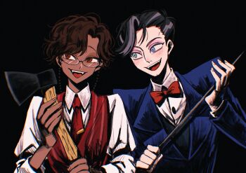 2boys alastor_(hazbin_hotel) alastor_(human)_(hazbin_hotel) axe black_background black_hair blue_eyes blue_jacket bow bowtie brown_hair collared_shirt commentary dark-skinned_male dark_skin eyewear_strap fangs glasses grey_hair hazbin_hotel hellaverse highres holding holding_axe holding_weapon jacket lapels long_sleeves male_focus multicolored_hair multiple_boys necktie notched_lapels open_mouth red_bow red_bowtie red_eyes red_necktie red_vest shirt short_hair simple_background smile streaked_hair striped_clothes striped_vest tawowo05 tie_clip traditional_bowtie two-tone_hair upper_body vertical-striped_clothes vertical-striped_vest vest vox_(hazbin_hotel) vox_(human)_(hazbin_hotel) weapon white_shirt wing_collar