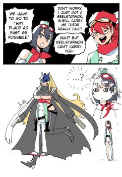 1boy 2girls :&gt; ? bare_shoulders beelstarmon between_breasts black_hair blonde_hair breasts breasts_squeezed_together cleavage digimon digimon_(creature) digimon_story:_time_stranger english_text face_to_breasts from_side gameplay_mechanics helmet hetero highres large_breasts long_hair multiple_girls pervert pun short_hair simple_background size_difference smile speech_bubble strapless surprised tall_female thought_bubble upper_body very_long_hair walking wanderjegson what white_background wings yuuki_dan yuuki_kanan