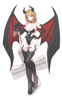1girl absurdres aqua_eyes bare_shoulders black_boots black_choker black_gloves black_horns black_leotard black_wings boots breasts brown_hair character_request choker cleavage commentary_request covered_navel demon_girl demon_horns demon_wings dungeon_and_fighter elbow_gloves full_body gloves high_heel_boots high_heels highleg highleg_leotard highres horns korean_commentary large_breasts leotard looking_at_viewer medium_hair mimyo solo standing thigh_boots thighs wings