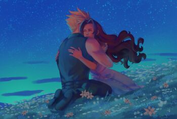 1boy 1girl absurdres aerith_gainsborough bare_shoulders belt black_boots black_pants blonde_hair blue_shirt boots brown_hair buttons closed_eyes cloud_strife commentary couple dress english_commentary english_text field final_fantasy final_fantasy_vii final_fantasy_vii_rebirth final_fantasy_vii_remake flower flower_field hetero highres hug jewelry kneeling long_dress long_hair meadow multiple_belts night night_sky open_mouth outdoors pants parted_bangs pink_dress ring robboyu shirt short_hair sky sleeveless sleeveless_turtleneck smile sparkle spiked_hair star_(sky) starry_sky turtleneck wavy_hair white_flower yellow_flower