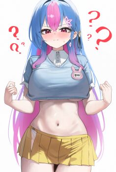 1girl ? absurdres bing_hayu black_ribbon blue_sweater blush breasts clock_hair_ornament closed_mouth colored_inner_hair commentary_request cowboy_shot crop_top crop_top_overhang double-parted_bangs gigabani hair_ribbon highres huge_breasts kindergarten_uniform korean_commentary looking_at_viewer luvdia microskirt multicolored_hair navel pleated_skirt red_eyes ribbon short_sleeves simple_background skirt solo standing stomach streaked_hair sweat sweater two-tone_hair underboob undersized_clothes v-shaped_eyebrows virtual_youtuber white_background wing_collar yellow_skirt