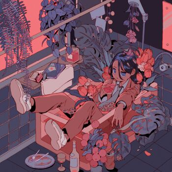 03moonmoonmoon 1girl absurdres bathroom bathtub black_hair blue_eyes bottle brown_jacket brown_pants can collared_shirt commentary cup drinking_glass english_commentary flower fork from_above full_body grey_necktie hanging_plant highres holding holding_cup holding_flower indoors ivy jacket knife liquid lying medium_hair mirror necktie no_nose on_back original overgrown pants parted_lips partially_submerged petals petals_on_liquid plant plate red_flower red_tulip scenery shelf shirt shoes shower_head solo tile_floor tile_wall tiles towel tulip white_shirt white_shoes wilted_flower wine_glass