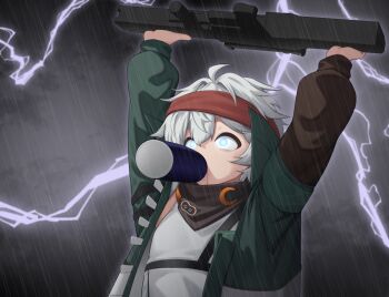 1girl adachi_t_(xadachit) animated animated_gif arms_up assault_rifle bandana black_background blue_eyes bullpup can caseless_firearm commentary english_commentary g11_(girls'_frontline) girls'_frontline girls'_frontline_2:_exilium glowing glowing_eyes green_jacket grey_hair gun h&amp;k_g11 holding holding_gun holding_weapon jacket lightning looping_animation mechty_(girls'_frontline_2) meme open_clothes open_jacket rain red_bandana rifle short_hair solo upper_body weapon