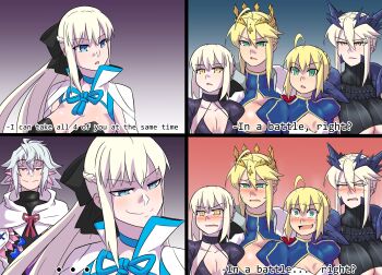 Rule 34 | 1boy, 5girls, ahoge, artoria pendragon (fate), artoria pendragon (lancer) (fate), artoria pendragon (lancer) (third ascension) (fate), artoria pendragon (lancer alter) (fate), blush, bow, breasts, crown, english text, fate/grand order, fate (series), for the better right? (meme), green eyes, grey hair, hair bow, highres, huge breasts, implied futanari, implied incest, large breasts, meme, merlin (fate), morgan le fay (fate), morgan le fay (first ascension) (fate), multiple girls, multiple persona, nervous smile, nervous sweating, open mouth, pale skin, saber (fate), saber alter, saber alter (third ascension), siblings, sisters, smile, sweat, sweatdrop, ukaya masaru, upper body, yellow eyes, yuri