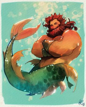 1boy air_bubble bara beard brown_hair bubble ego_rodriguez_(egothego) facial_hair fins full_beard full_body grin head_fins large_pectorals long_beard long_hair looking_at_viewer male_focus mature_male merman mermay_2024 monster_boy muscular muscular_arms muscular_male pectorals smile solo strongman_waist thick_beard thick_eyebrows underwater