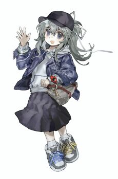 Rule 34 | 1girl, alternate costume, asymmetrical footwear, bag, bag charm, baseball cap, black hat, black skirt, blue jacket, breast pocket, casual, charm (object), collared jacket, commentary request, denim, denim jacket, dot nose, eyelashes, fashion, full body, grey bag, grey eyes, grey hair, grey hoodie, grey shoes, hair between eyes, hair ribbon, happy, hat, highres, hood, hoodie, jacket, layered sleeves, light blush, long hair, long sleeves, medium skirt, mismatched footwear, mononobe no futo, multicolored shoes, open clothes, open jacket, open mouth, pleated skirt, pocket, ponytail, puffy long sleeves, puffy sleeves, ribbon, sayoko404, shoes, shoulder bag, sidelocks, simple background, skirt, smile, sneakers, socks, solo, standing, tareme, tassel, teeth, touhou, two-tone shoes, upper teeth only, watch, waving, white background, white ribbon, white shoes, white socks, wristwatch