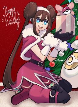 absurdres black_pantyhose blue_eyes box brown_hair capelet christmas christmas_tree donut_hair_bun double_bun dress gift gift_box hair_bun hat highres kneeling long_hair missandydandy nintendo open_mouth pantyhose pokemon pokemon_bw2 red_background red_capelet red_dress red_hat rosa_(pokemon) santa_hat smile twintails very_long_hair
