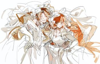 2girls bow bowtie bridal_veil brown_hair closed_mouth cowboy_shot dress gloves happy highres ishmael_(project_moon) jewelry jingshenhuanghu juliet_sleeves limbus_company long_hair long_sleeves multiple_girls necklace orange_hair parted_bangs parted_lips project_moon puffy_sleeves rodion_(project_moon) simple_background smile veil very_long_hair wedding_dress white_background white_bow white_bowtie white_dress white_gloves white_veil wife_and_wife yuri