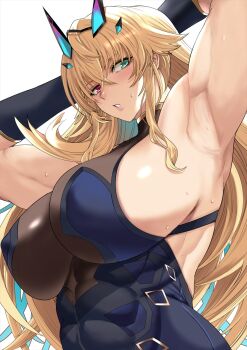 1girl abs armpits arms_behind_head arms_up bare_shoulders barghest_(fate) barghest_(second_ascension)_(fate) biceps black_dress black_gloves blonde_hair blush breasts dress elbow_gloves fate/grand_order fate_(series) gloves green_eyes heterochromia highres horns kawabata_yoshihiro large_breasts long_hair looking_at_viewer muscular muscular_female parted_lips red_eyes sideboob solo