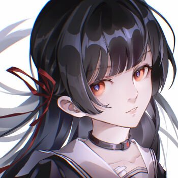 black_choker black_hair chisa_(wuthering_waves) choker chromatic_aberration collarbone commentary emu2cat hair_ribbon highres long_hair looking_at_viewer parted_lips portrait red_eyes red_ribbon ribbon sailor_collar simple_background white_background white_sailor_collar wuthering_waves