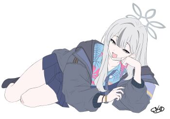 absurdres armband bandaid bandaid_on_knee bandaid_on_leg black_socks blue_archive blue_necktie blue_shirt blue_skirt bracelet collarbone commentary_request floral_print_shirt grey_eyes grey_hair grey_halo grey_jacket hair_between_eyes halo hawaiian_shirt highres jacket jewelry konoka_(blue_archive) long_hair long_sleeves looking_at_viewer lying mask mask_pull mouth_mask necktie no_shoes on_side open_clothes open_jacket open_mouth oto_jampan plaid_clothes plaid_skirt purple_armband shirt signature simple_background skirt socks surgical_mask tie_clip white_background white_mask