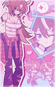 2girls absurdres animal_ears arm_strap blush_stickers breasts brown_hair chibi chibi_inset choker cleavage clothes_around_waist commentary feet_out_of_frame gloves hair_bun half_updo hand_up hands_in_pockets hands_on_own_hips heart highres horse_ears horse_girl horse_tail jacket jacket_around_waist large_breasts long_hair multiple_girls narrowed_eyes off-shoulder_sweater off_shoulder one_eye_closed outline pants plaid_clothes plaid_jacket red_eyes single_blush_sticker sirius_symboli_(umamusume) skirt sleeves_past_wrists smile sparkle standing standing_on_one_leg striped_tank_top sweater symbol-only_commentary symboli_rudolf_(umamusume) tail tank_top torn_clothes torn_pants umamusume very_long_hair white_hair white_outline youareddong1134