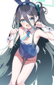 Rule 34 | 1girl, animal ear hairband, animal ears, aqua halo, aris (blue archive), black hair, blue archive, blue eyes, blue leotard, blush, breasts, covered navel, detached collar, fake animal ears, fake tail, hair between eyes, hairband, halo, hands up, highleg, highres, leotard, long hair, long hair between eyes, looking at viewer, necktie, one side up, open mouth, playboy bunny, rabbit ear hairband, rabbit ears, rabbit tail, rectangular halo, ringed eyes, shirokuma (zeroillya), simple background, small breasts, smile, solo, strapless, strapless leotard, tail, very long hair, white background, white wrist cuffs, wrist cuffs