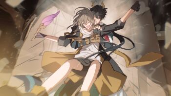 Rule 34 | 1boy, 1girl, absurdres, alternate form, armor, arms up, bike shorts, black boots, black gloves, black hair, black jacket, black pants, black shirt, black shorts, black skirt, boots, chinese clothes, clenched hand, closed eyes, coat, commentary request, dan heng (honkai: star rail), dan heng (permansor terrae) (honkai: star rail), dragon boy, dragon horns, eyeliner, fingerless gloves, floating clothes, floating hair, full body, gauntlets, gloves, gold armor, grey eyes, grey hair, hair between eyes, highres, holding, holding quill, honkai: star rail, honkai (series), horns, hug, hug from behind, in-universe location, jacket, long hair, long sleeves, looking at viewer, low ponytail, makeup, miniskirt, motion lines, official alternate costume, official alternate hairstyle, one eye closed, open clothes, open jacket, open mouth, pants, pointy ears, ponytail, quill, red eyeliner, shirt, shorts, sidelocks, single gauntlet, single glove, skirt, standing, stelle (honkai: star rail), sweatdrop, t-shirt, teeth, trailblazer (honkai: star rail), two-sided fabric, two-sided jacket, v-shaped eyebrows, white coat, white shirt, yellow jacket, yellow pupils, zassyoku dd