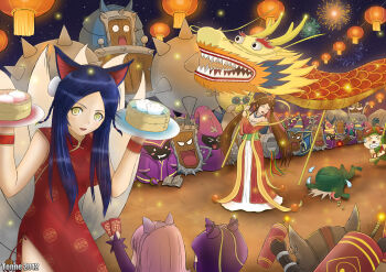 10s 2012 3girls absurdres ahri_(league_of_legends) alternate_costume amumu animal_ears annie_(league_of_legends) china_dress chinese_clothes corki dragon dress eastern_dragon fake_animal_ears firecrackers guqin_sona hagoromo heimerdinger highres kennen lamp league_of_legends multiple_girls new_year shawl short_hair sona_(league_of_legends) teemo tonnelee ziggs
