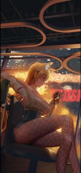 Rule 34 | 1girl, absurdres, blonde hair, blue skirt, breasts, closed mouth, commentary request, cropped sweater, crossed legs, cup, fishnet pantyhose, fishnets, from side, glass, green eyes, high-waist skirt, highres, holding, holding cup, large breasts, long hair, long sleeves, miniskirt, original, pantyhose, profile, raidriar 18, sitting, skirt, sleeves past wrists, solo, sweater, very long hair, white sweater