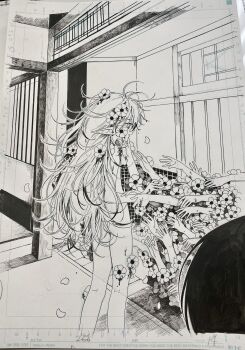 1boy 1girl absurdres anemone_(flower) ass commentary_request completely_nude disembodied_hand flat_chest flower greyscale hair_flower hair_ornament highres horror_(theme) ishida_umi long_hair monochrome nude pointy_ears ryuunosuke_(zoufu_no_hanataba) seki_(zoufu_no_hanataba) traditional_media unfinished very_long_hair zoufu_no_hanataba